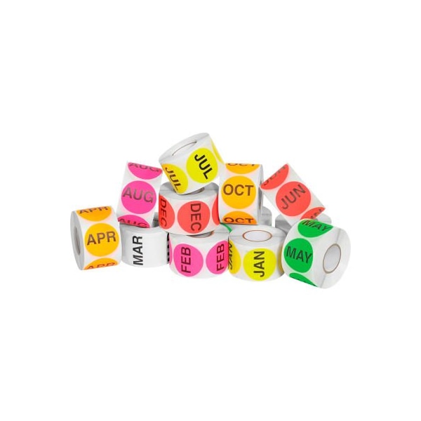 Box Packaging 2" Dia. Round 12 Months Of The Year Easy Order Labels, Assorted Colors, 12 Rolls of 500 DL1239 - main
